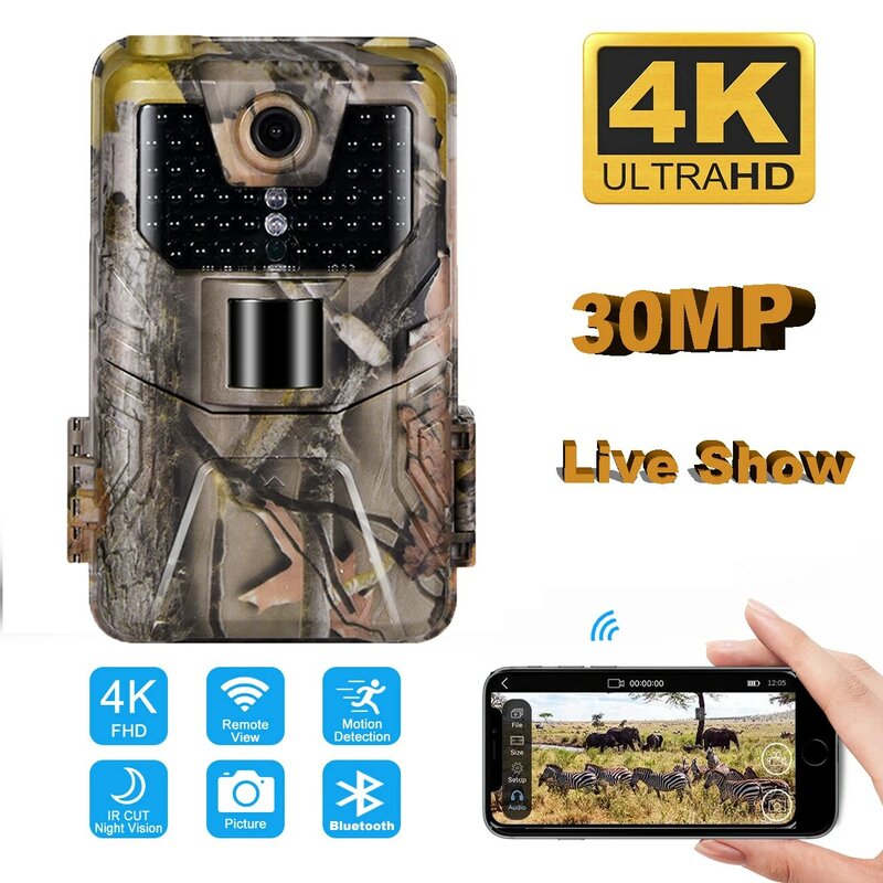 Caméra de chasse Broadca, vidéo en direct 4K, 30mp, contrôle via application WIFI et Bluetooth, Vision à 900 degrés, Surveillance de la faune