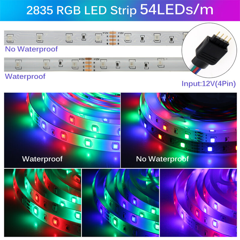 Tira de luces LED RGB 5050 2835 DC12V, tira de neón impermeable, Flexible, cinta de diodo LED 60LEDs/m 5M 12V, tira LED para decoración del hogar