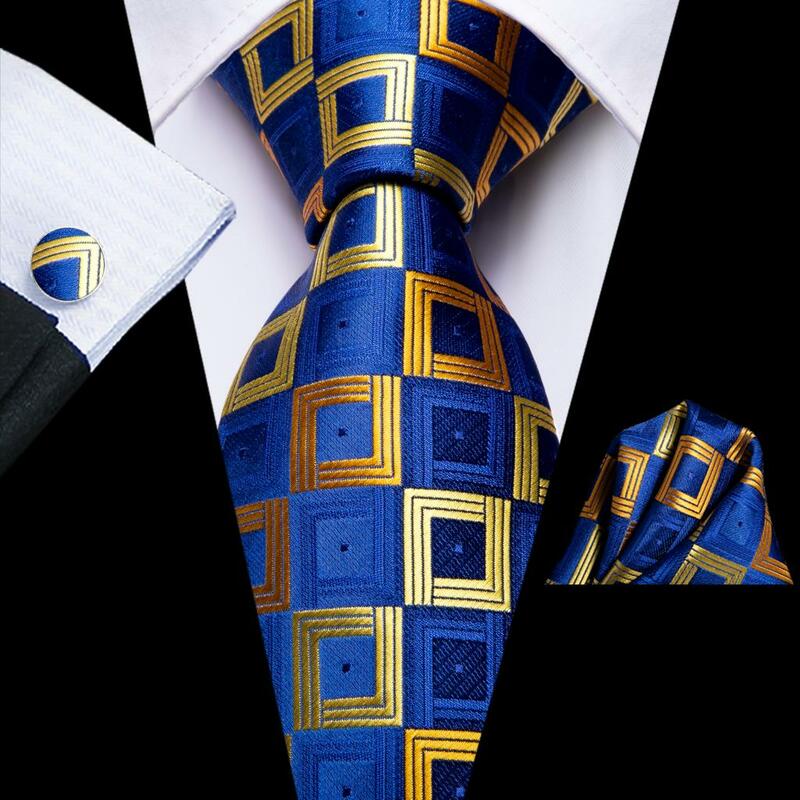 Blue Yellow Plaid 2023 New Elegant Mens Tie Gentlemen Luxury Brand Necktie For Men Business Handky Cufflinks Hi-Tie Designer