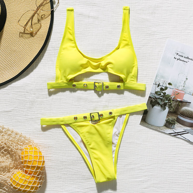Sexy keyhole swimwear women Brazilian Buckle bikini set Neon yellow swimsuit female High cut bathing suit 2019 Push up biquini