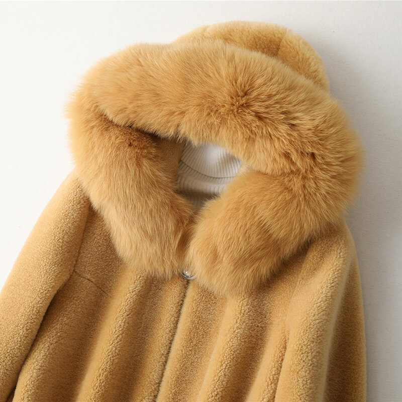 Casaco de pele verdadeira feminino, jaqueta de inverno para mulheres com gola de pele de raposa, 2020 lã, casaco longo