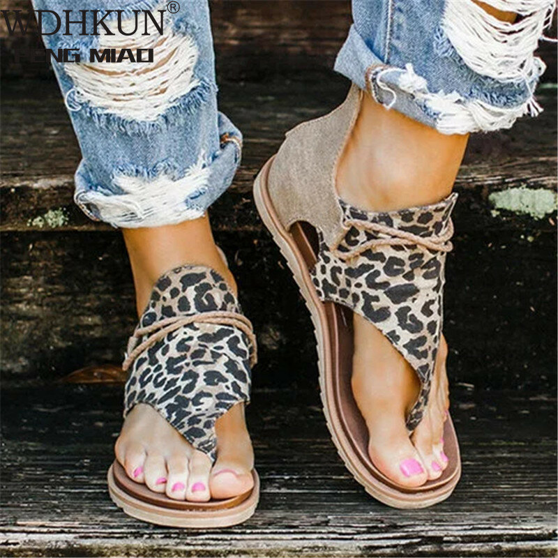 Sandalias de mujer, zapatos de verano con estampado de leopardo, Sandalias planas de talla grande para mujer, sandalias de verano para mujer, 2020