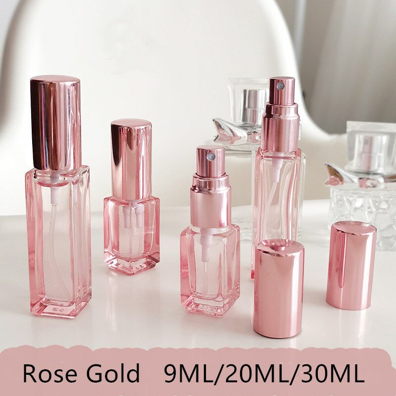 9ml/20ml/30ml szklane butelki do aerozolu różowe złoto przenośne wielokrotnego napełniania Atomizer podróży perfumy butelki butelka z aerozolem wytwarzającym drobną mgiełkę makijaż
