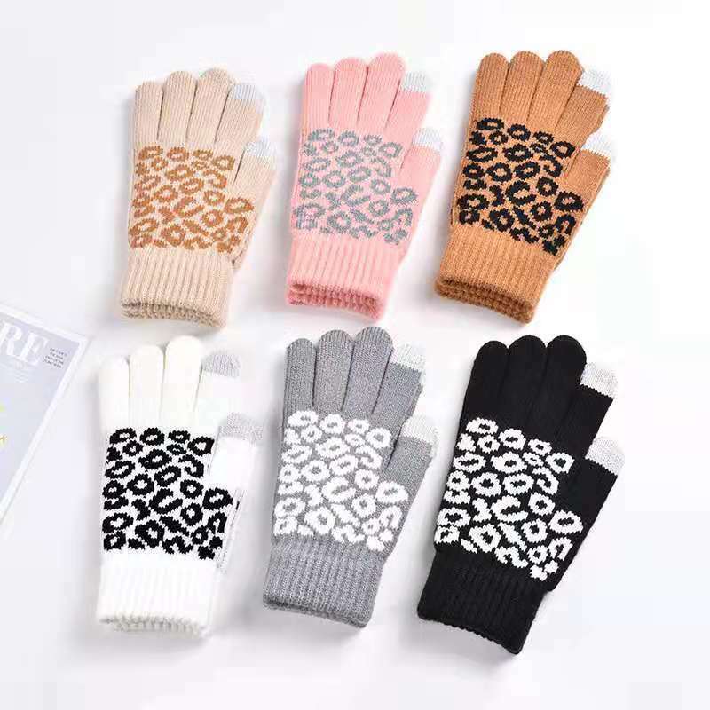 Женские зимние трикотажные шерстяные перчатки с леопардовым принтом
