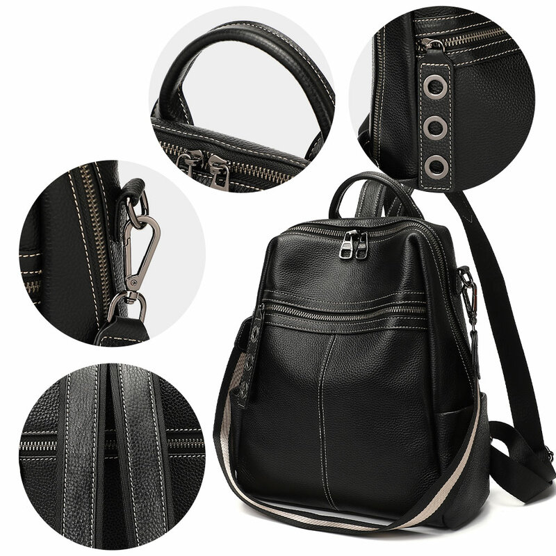 Zency-mochila de piel auténtica de 100% para mujer, bolso de hombro negro de alta calidad, para viajes, escuela