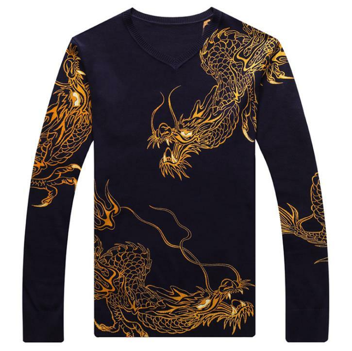 V Neck New Long Sleeve Cotton Print Men's Dragon Tattoo Design Spring Autumn Thin knitting Sweater Shirt