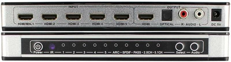 Interruptor HDMI 5x1, Extractor de Audio 4K x 2K @ 30Hz, HDMI, caja de conmutación de 5 puertos con Control remoto IR y adaptador de corriente Full HD 1080P