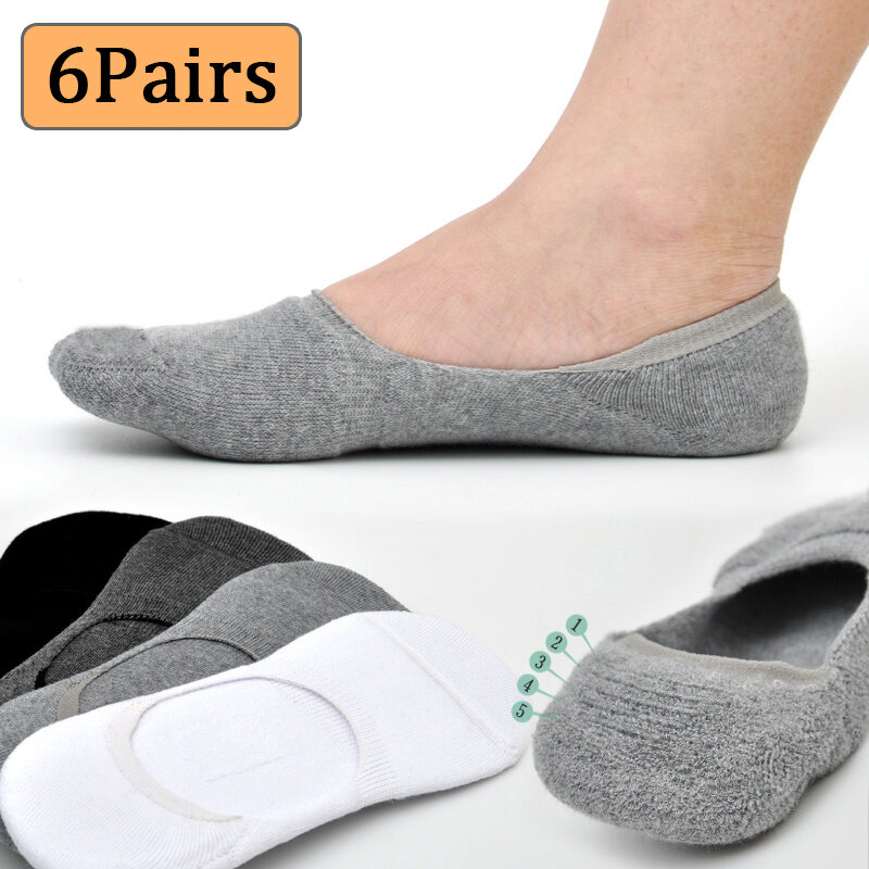 Calcetines invisibles de algodón para hombre, calcetín antideslizante de silicona, transpirable, Color sólido, 6 pares