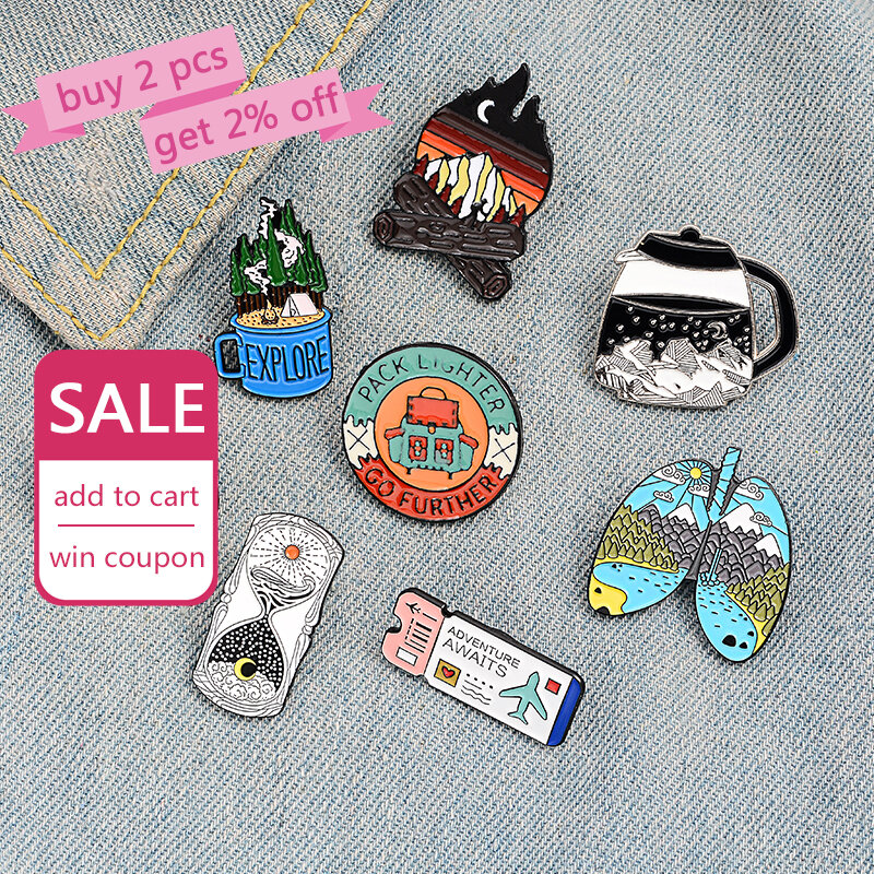 Outdoors Mountain Starry Night Enamel Pin Custom Wild Camping Hiking Brooches Bag Clothes Lapel Pin Adventure Badge Jewelry Gift