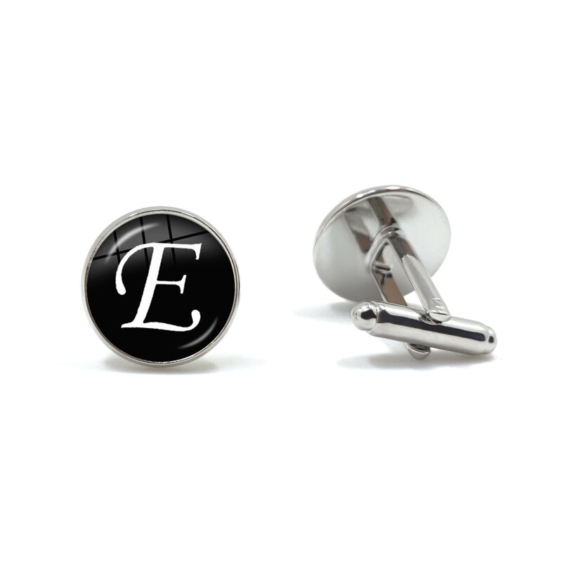 Men's Fashion A-Z Alphabet Cufflinks Silver Color Glass Dome Letter Cuff Button for Male Gentleman Shirt Wedding Cuff Links Gift