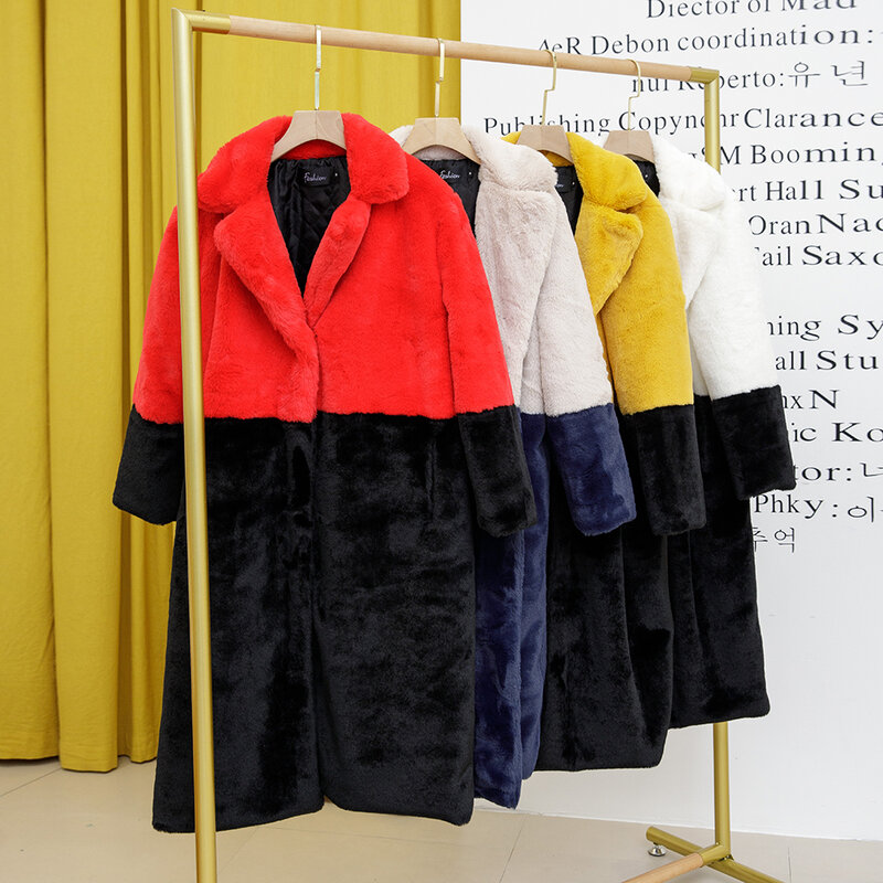 Abrigo de piel de conejo de imitación para mujer, abrigo largo de lujo con solapa, grueso y cálido, talla grande, invierno, 2020