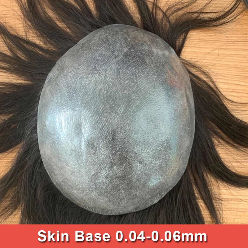 Ali Queen-peluquín de piel fina transparente para hombres, tupé de 0,04-0,06mm, sistemas de reemplazo de cabello, peluca hecha a mano, cabello Remy 100%