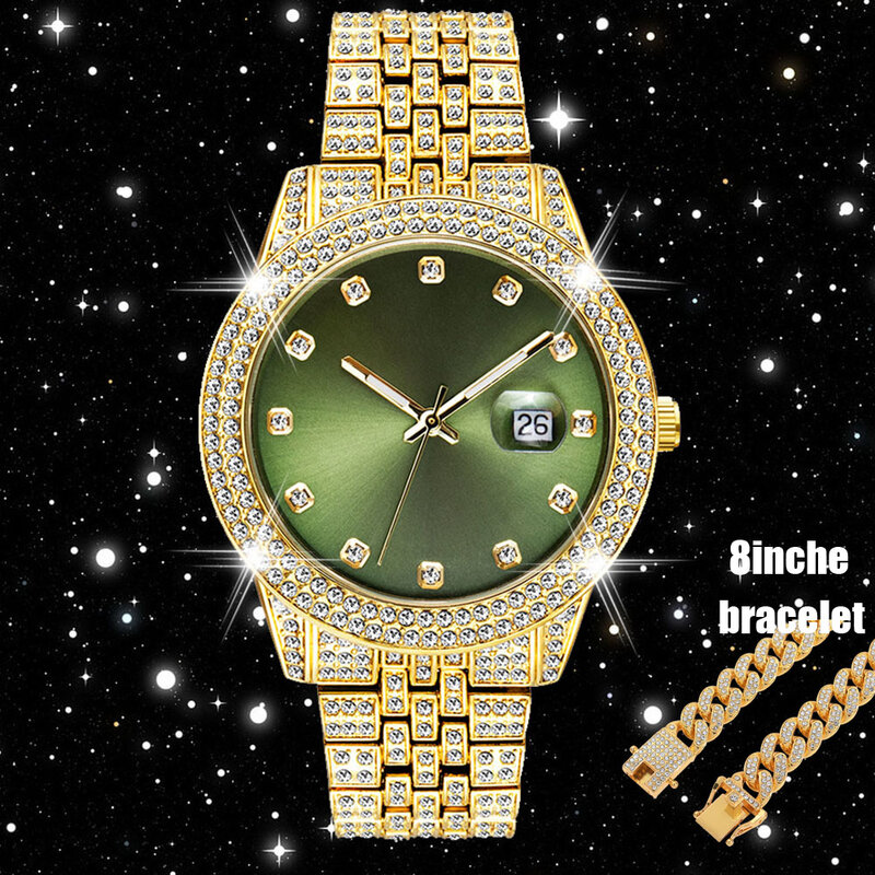 Reloj de oro de lujo para Hombre, pulsera de Hip Hop, cadena cubana, con diamantes completos, resistente al agua