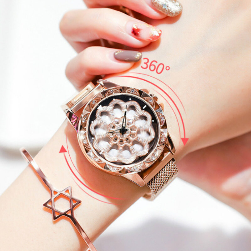 Relógio luxuoso feminino 360 graus rotação, ímã fivela, quartzo, relógio de pulso, sorte, para moças, de aço