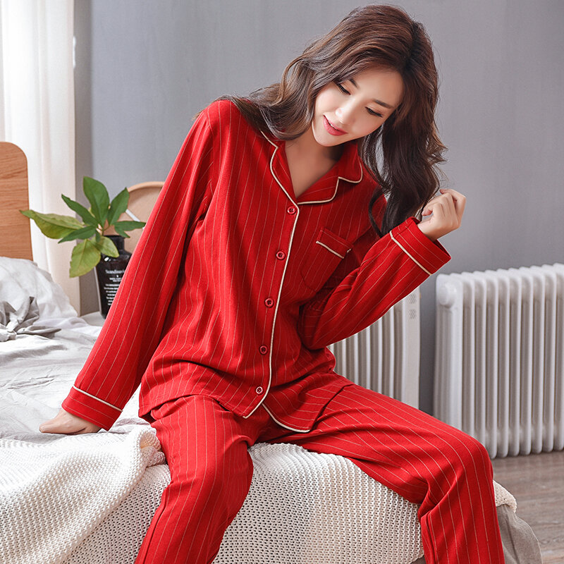 New Fashion Red Festive Pajamas Set Women Spring Autumn Pajama Sleepwear Wedding Stripes Pajamas Full Cotton Sleepwear M-3XL