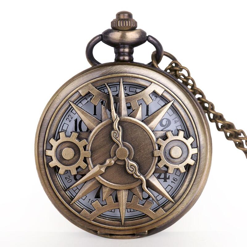 New Steampunk Retro Hollow Pocket Watches Gear Pattern Quartz Pocket Watches with Necklace Chain Gift Mens Womens Boys