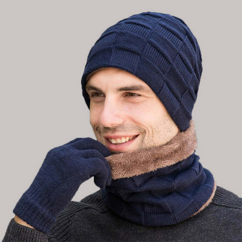 Luvas de pelúcia masculinas para inverno, chapéu, cachecol, conjunto de 3 peice para homens, 2019, touca de malha quente, lenços e luvas com tela sensível ao toque, acessórios masculinos