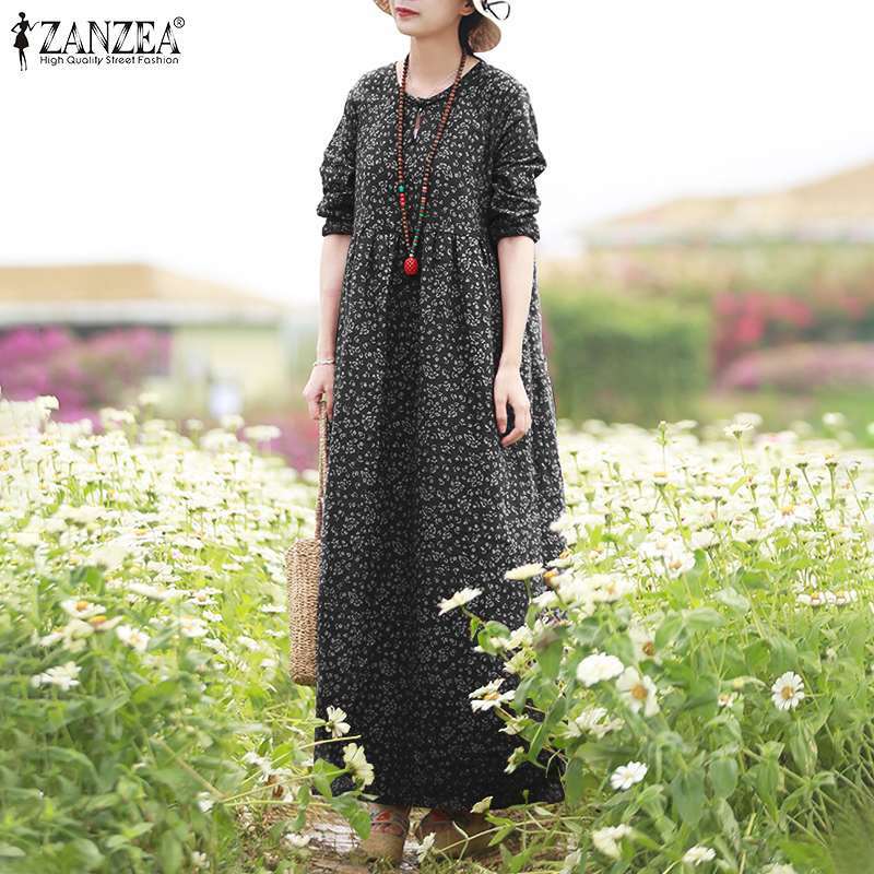ZANZEA-Vestido floral de manga comprida feminino, vestido de verão, maxi feminino, roupa oca estampada, casual, moda, 2023