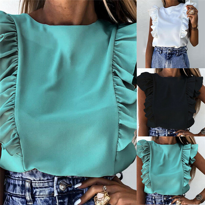 Women Elegant Solid Color Ruffle Blouse Shirt 2021 Summer O Neck Pleated Blusa Lady 2Xl New Casual Button Long Sleeve Tops Blusa