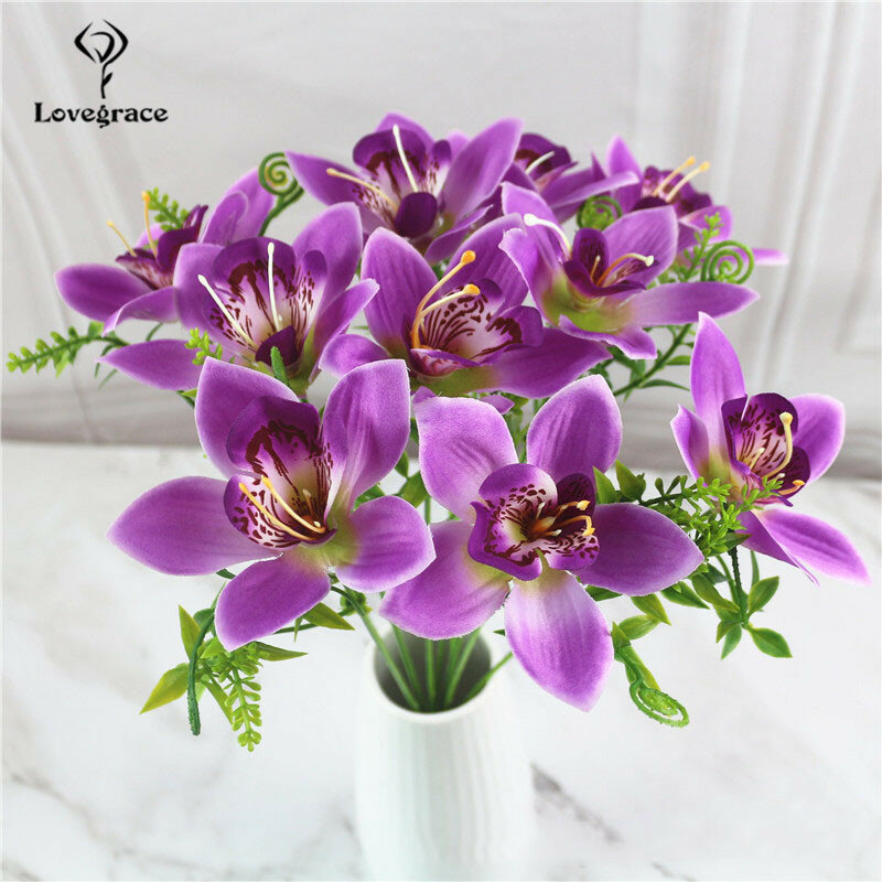 10Pcs/Bouquet Artificial Orchid Flore White Silk Fake Orchid Flower DIY Wedding Back Road Home Desk Vase Accessories Faux Flores