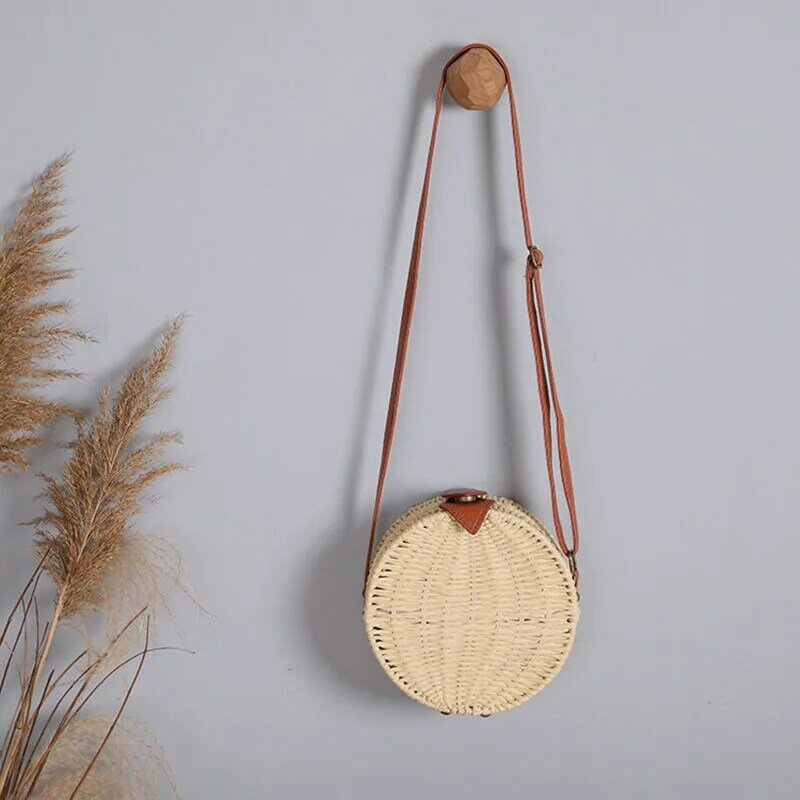 New round straw woven bags women street trendy shoulder bags leather strap retro woven beach bag cross body summer