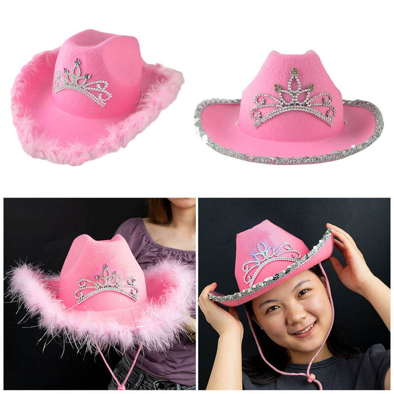Topi Koboi Gaya Barat Mode Wanita Merah Muda dengan Pinggiran Lebar Melengkung untuk Pesta dengan Dekorasi Mahkota Tiara Topi Koboi