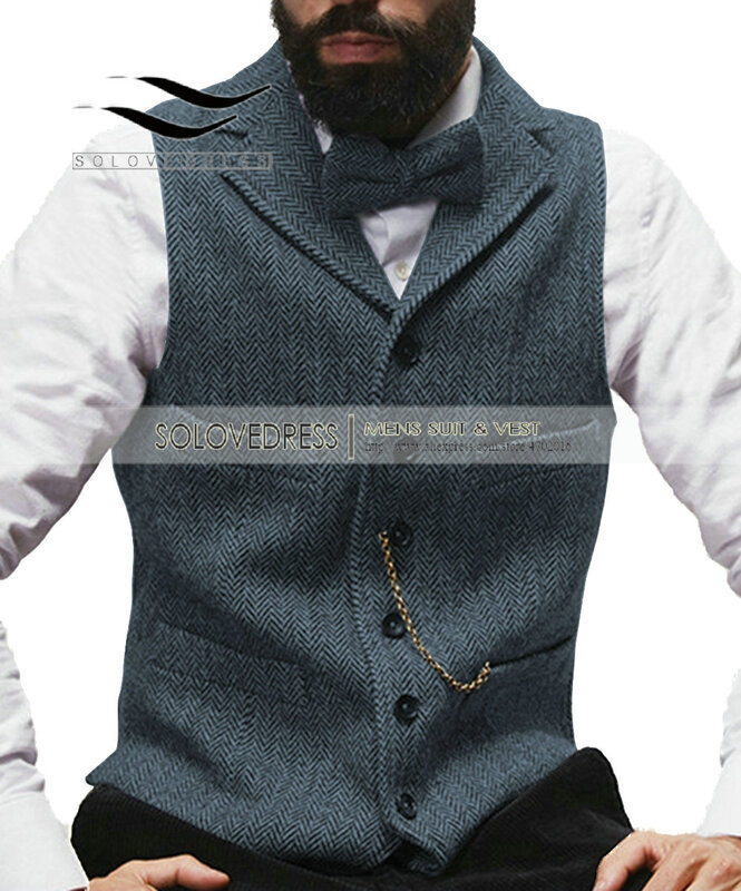 Mens Suit Vest Revers V-hals Wol Visgraat Casual Formele Zakelijke Vest Groomman Voor Bruiloft Groen/Bordeaux/ bruin