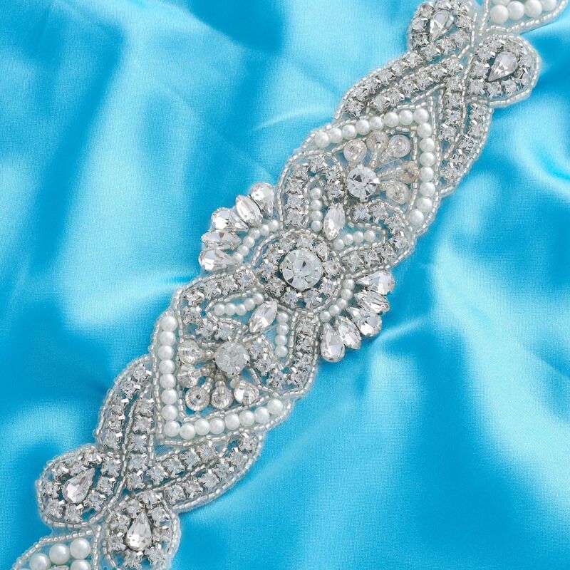 SESTHFAR  Sew On Strass Applique Rhinestone For Wedding Belt Pearl Patch Crystals Iron On Glass For Bridal Headband Trim