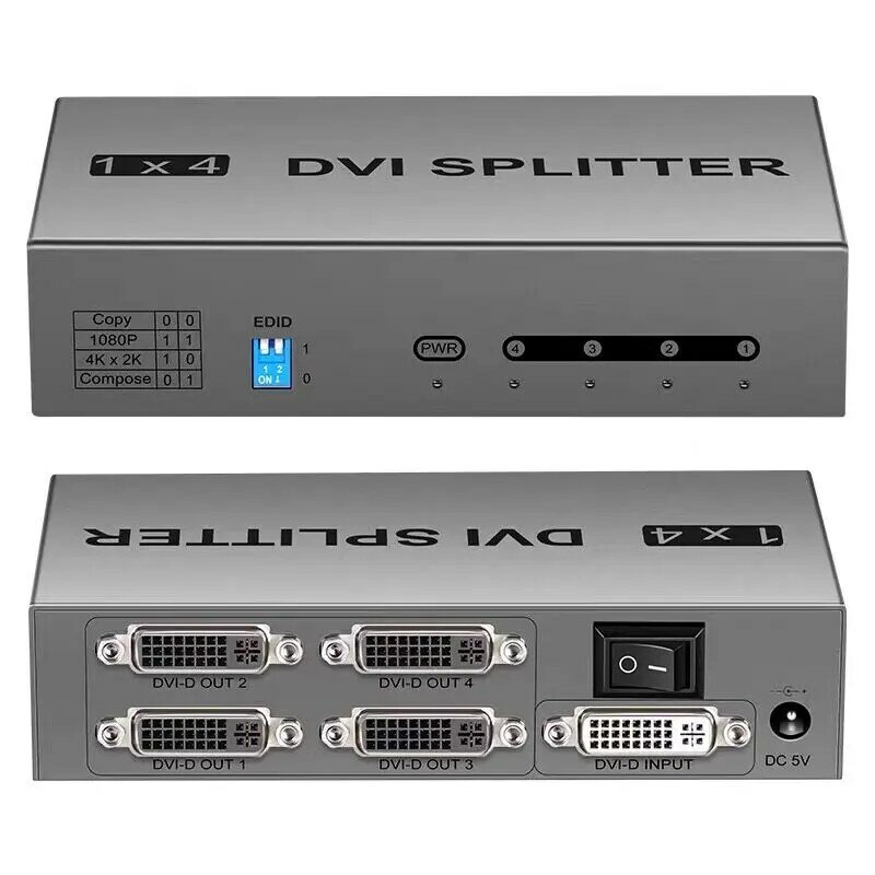 4K2K DVI Splitter 1X4 3 DVI-D Splitter Dukungan EDID 1080P UHD 3D Port Display 4xdvi-i Splitter Dongle untuk PC