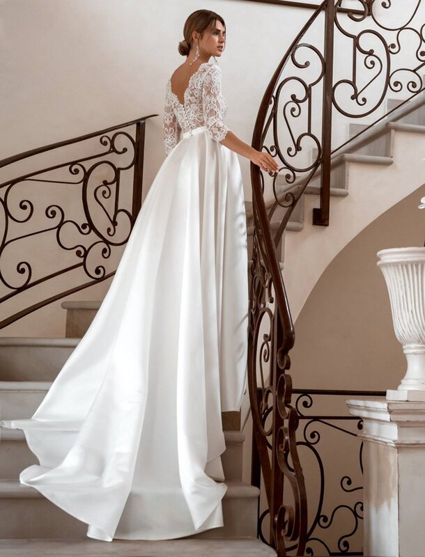 DREAM Elegant 3/4 Sleeves Lace Wedding Dresses V-Neck Satin A-Line 2022 Vestido De Novia Bridal Gown Vintage Simple
