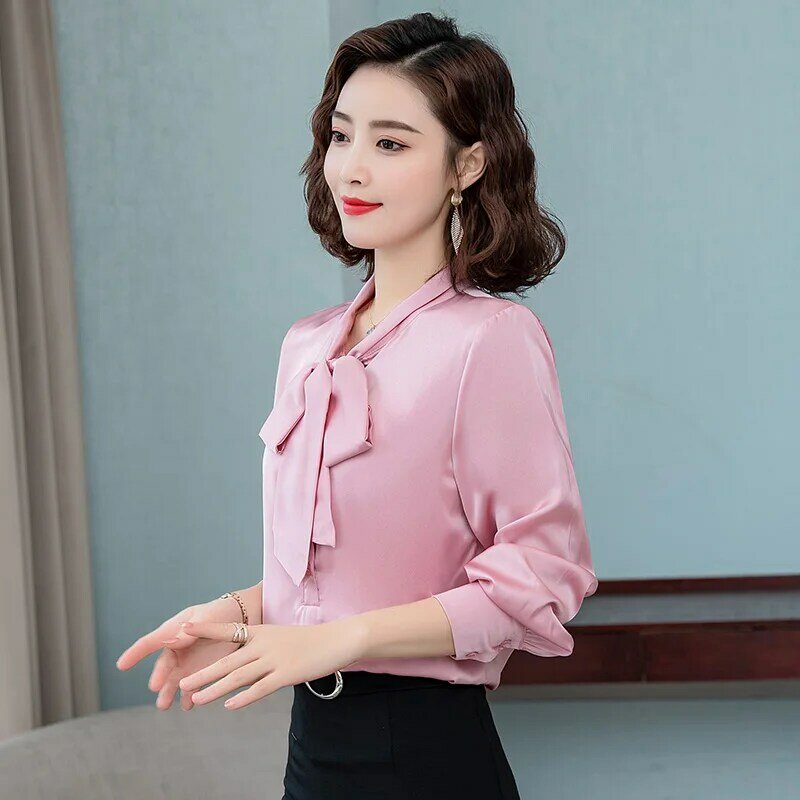 Elegant bright color bow satin silk women shirt blouse long sleeve fashion korean office ladies work shirt basic female tops
