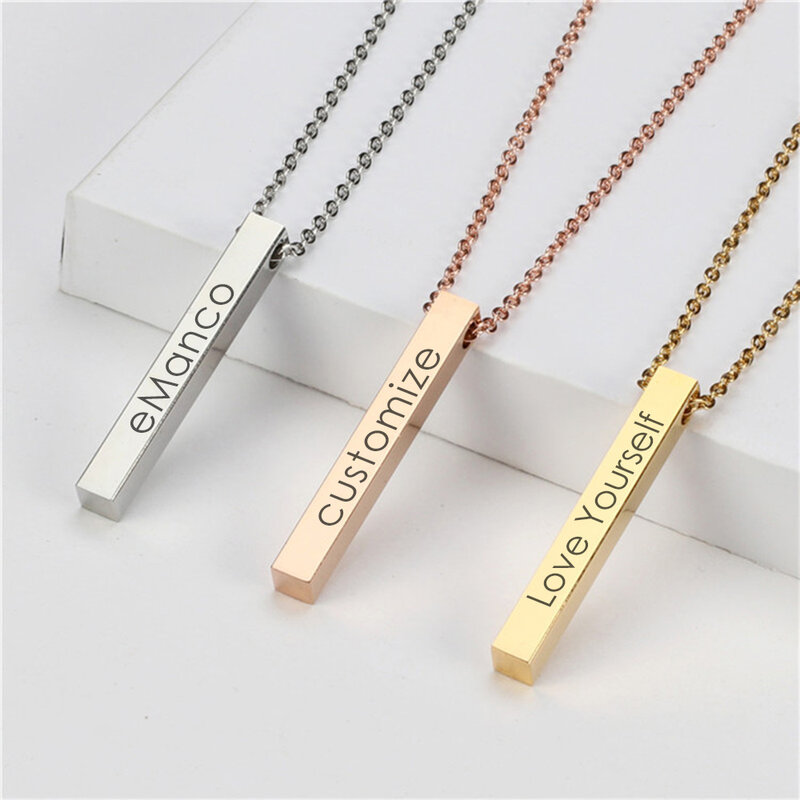 EManco – collier personnalisé avec gravure sur quatre côtés, barre carrée avec nom, pendentif en acier inoxydable, cadeau pour femmes/hommes