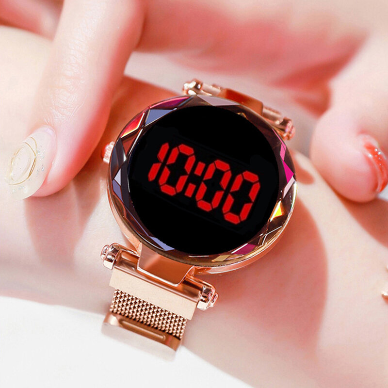 뜨거운 판매 여성 디지털 시계 패션 터치 LED 시계 자기 숙녀 시계 여성 손목 시계 전자 손목 시계 시계