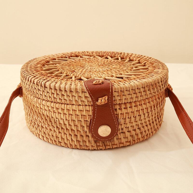 Verão saco de praia caixa verão rattan artesanal tecido saco círculo bohemia bolsa redonda sacos de palha para mulher bolsos mujer k5752