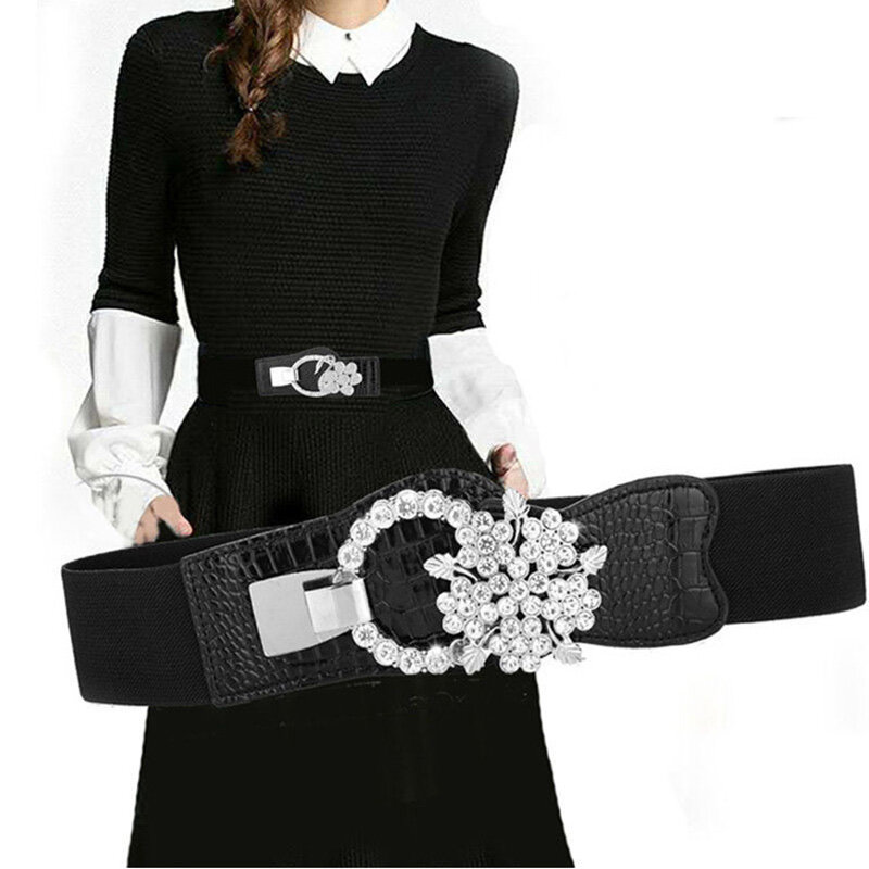Korset elastis wanita dengan gesper bertatahkan berlian, ikat pinggang berbagai gesper Aloi lebar dengan gaun mantel