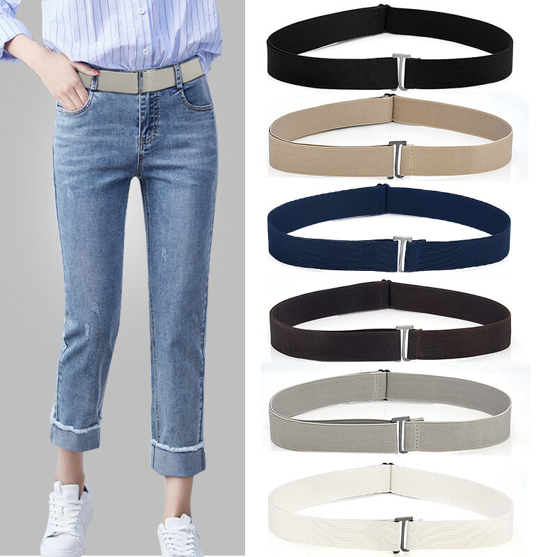 Cinturón de cintura elástico para pantalones vaqueros para mujer, cinturón elástico Invisible, tamaño ajustable, hebilla plana, banda elástica delgada
