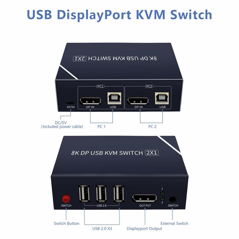Switcher do displayport do interruptor 8k usb do usb do dp kvm 4k 8k dp 1.4 com áudio e usb 2.0 hub 2 computadores compartilham o rato do teclado