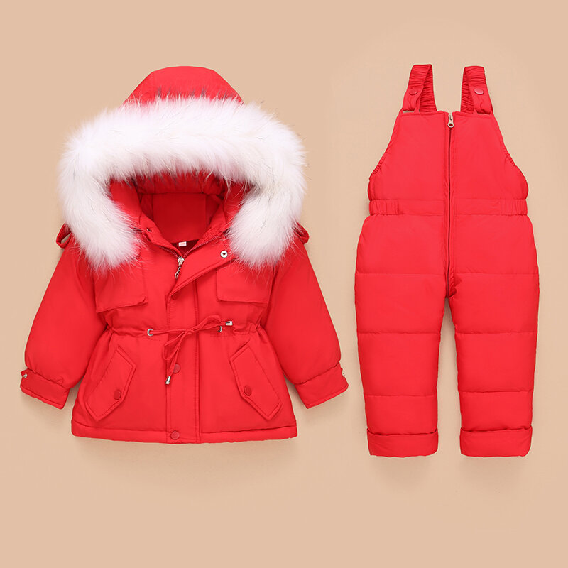 어린이 다운 코트 자켓 + 점프 슈트 어린이 유아 소녀 보이 의류 2pcs 겨울 복장 따뜻한 아기 오버올 의류 세트