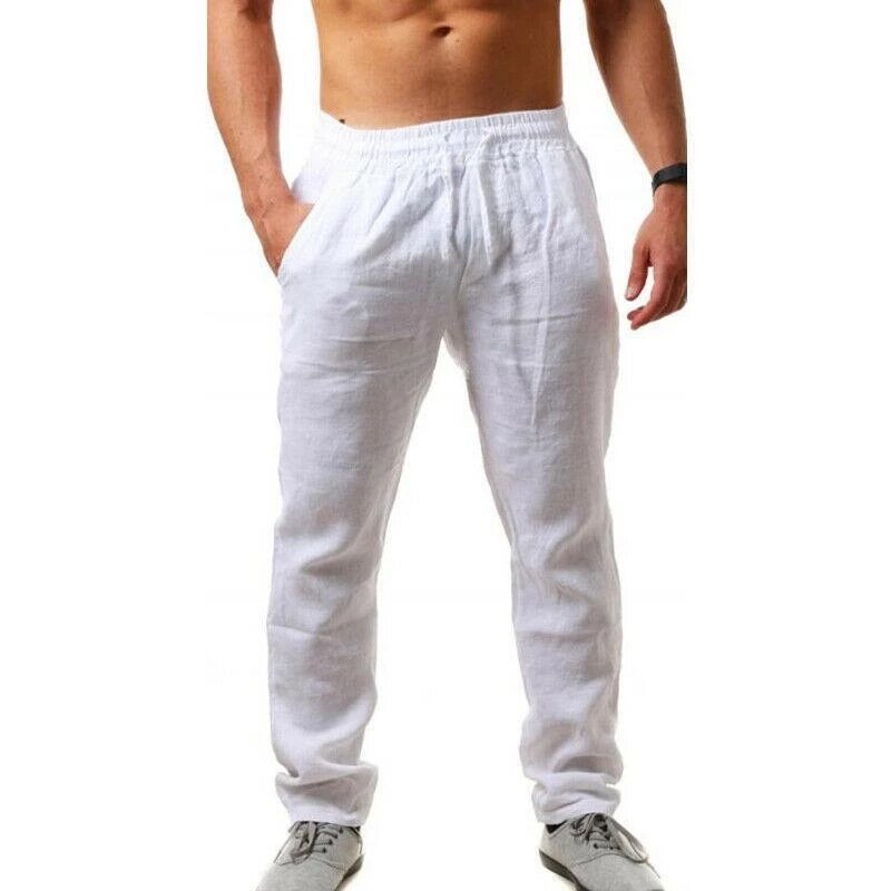 Calças de linho de algodão de algodão de cor sólida cintura elástica solta calças compridas hip-hop respirável calças casuais