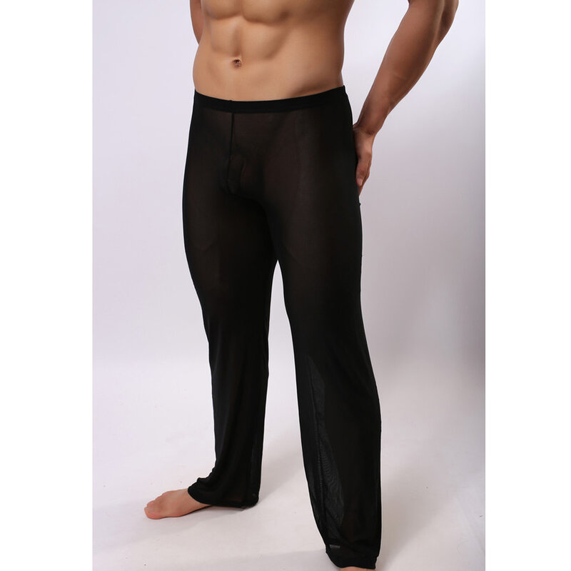 Moda masculina sexy malha longa calça sleepwear respirável magro mans sleep bottoms homewear ver através de calças de pijama