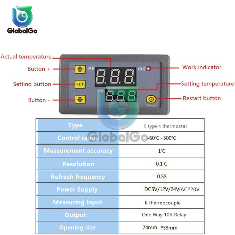5V 12V 24V 220V -60 ~ 500 ℃ Termometer Termostat Kontrol Sensor Suhu K Jenis Thermocouple Control Thread M6 Screw Probe