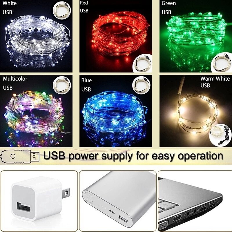 10/5/1M USB Silver Wire Light String Waterproof Fairy Lights DIY Wreath  Garland Party Wedding Christmas Home Decoration