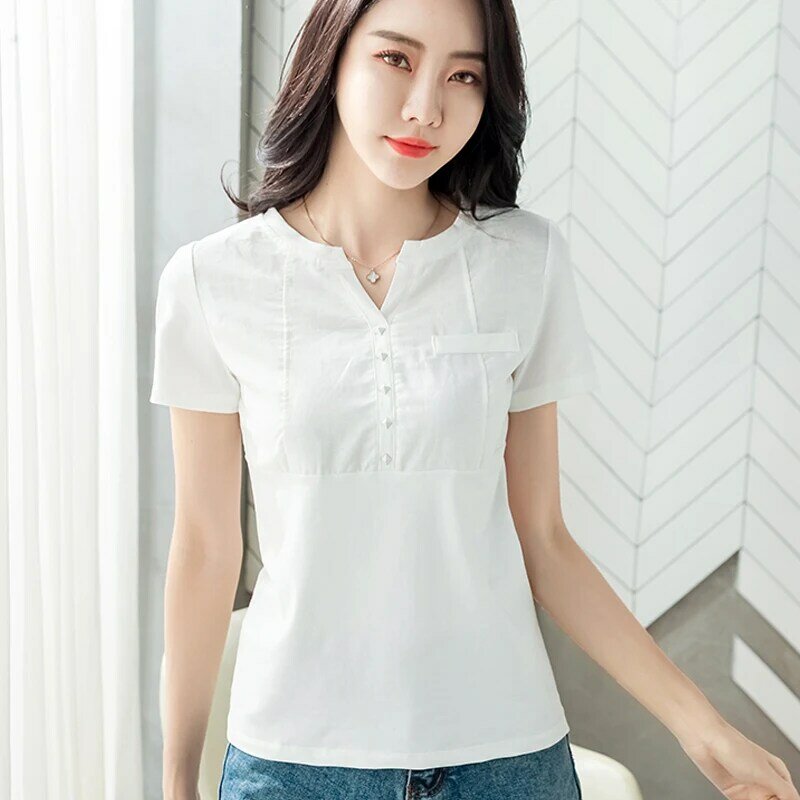 Kobiety bluzki 2021 lato stylowa V Neck biała koszula bawełniana Sexy kobiety popy i bluzki Tees Slim Plus rozmiar M-3XL K5721