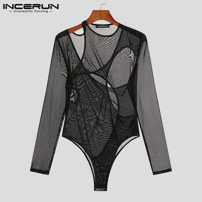 INCERUN Fashion Casual New Men Long Sleeve Triangle Rompers Breathable Mesh Sexy Leisure Patchwork Hot Sale Bodysuits S-5XL 2023