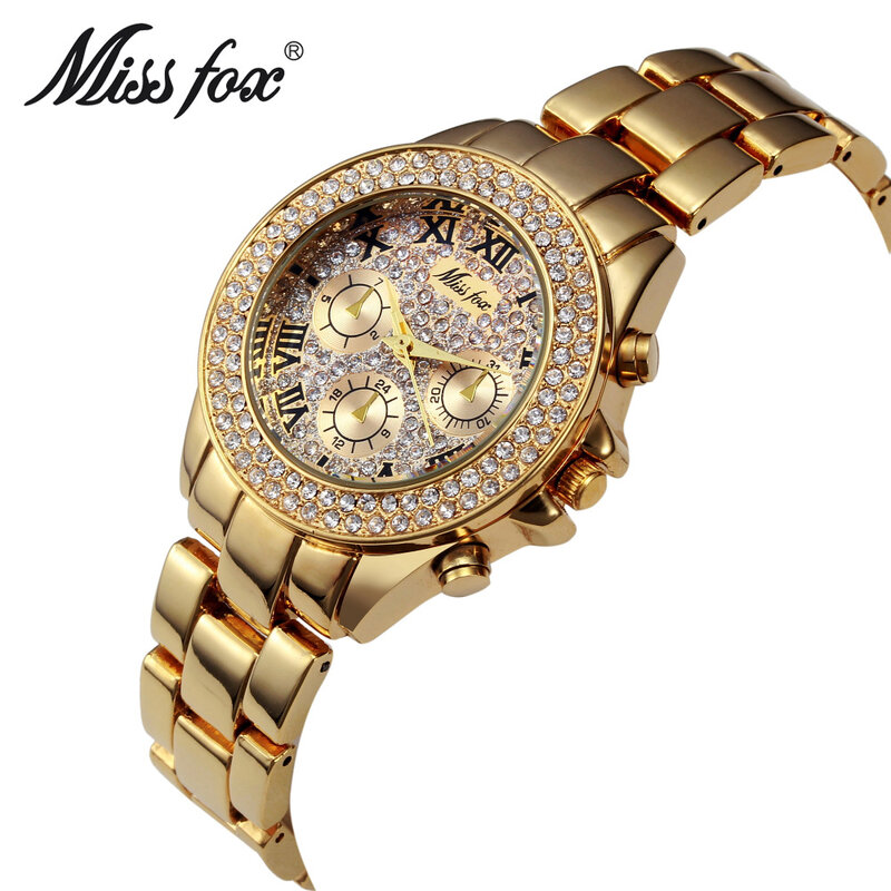 Missfox relógio de pulso de ouro 18k feminino, relógio de pulso feminino de luxo com cronógrafo falso e algarismos romanos, moda feminina