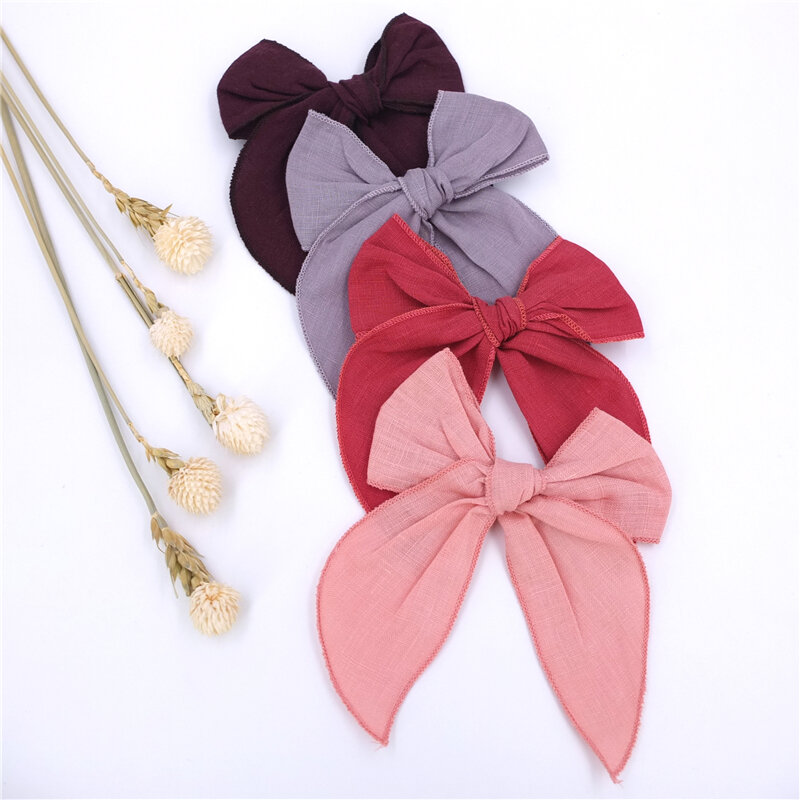 Fable Bow Hair Clips Baby Girls Women Linen Hemmed Hair Bow Clips Cotton Large Tails Hair Bows Accessories Hairgrips