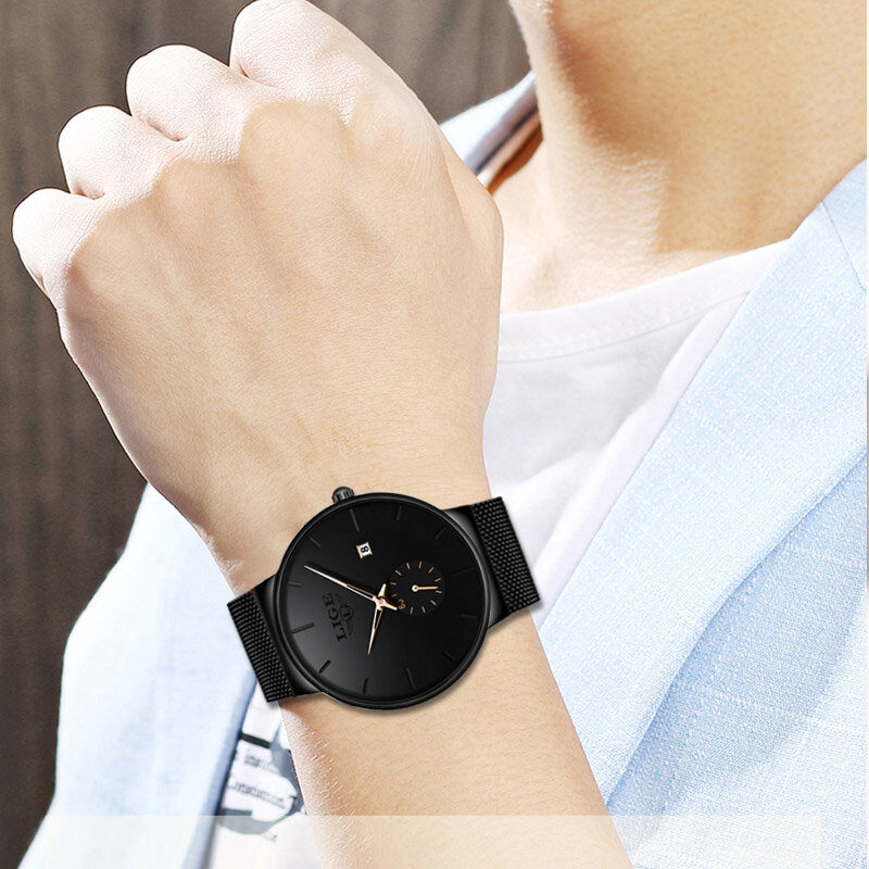 LIGE-2023 남성 패션 시계, 최고 브랜드 럭셔리 쿼츠 시계, 남성 캐주얼 슬림 메쉬 스틸 방수 스포츠 시계