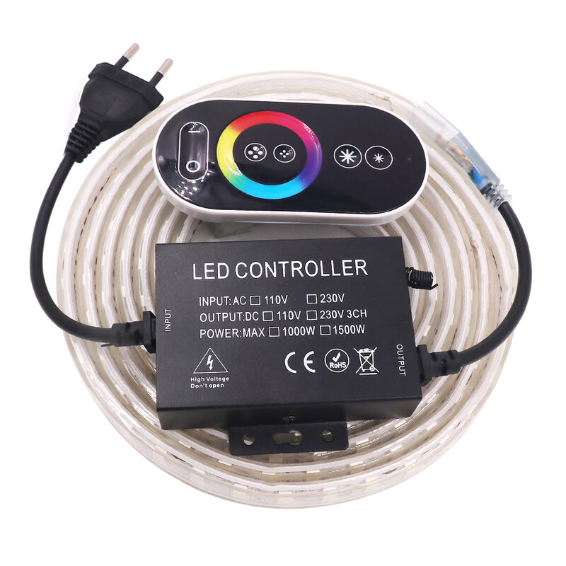 220V RGB LED Strip Light 120LED/M 5050กันน้ำ IP67 Touch รีโมทคอนโทรลคู่แถว LED Ribbon ตกแต่ง EU UK AU
