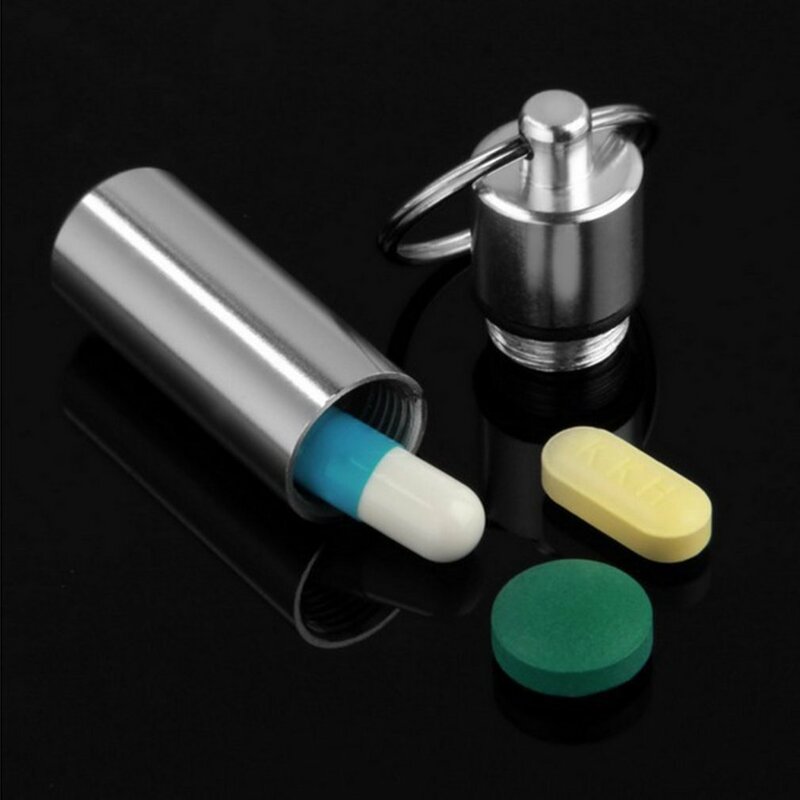 Tamanho pequeno chaveiro design caixa de pílula de viagem à prova dwaterproof água liga de alumínio pílula caixa de armazenamento de drogas titular recipiente 1 pçs