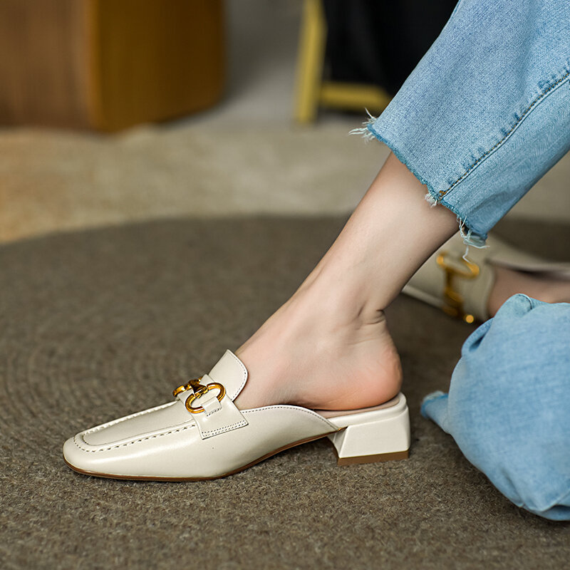 EGTPINAOP วัวแท้ LeatherSlippers ผู้หญิงฤดูร้อนรองเท้าแตะและรองเท้าแตะรองเท้าแตะแบน Baotou รองเท้า Muller HandmadeMetal ตัวยึด